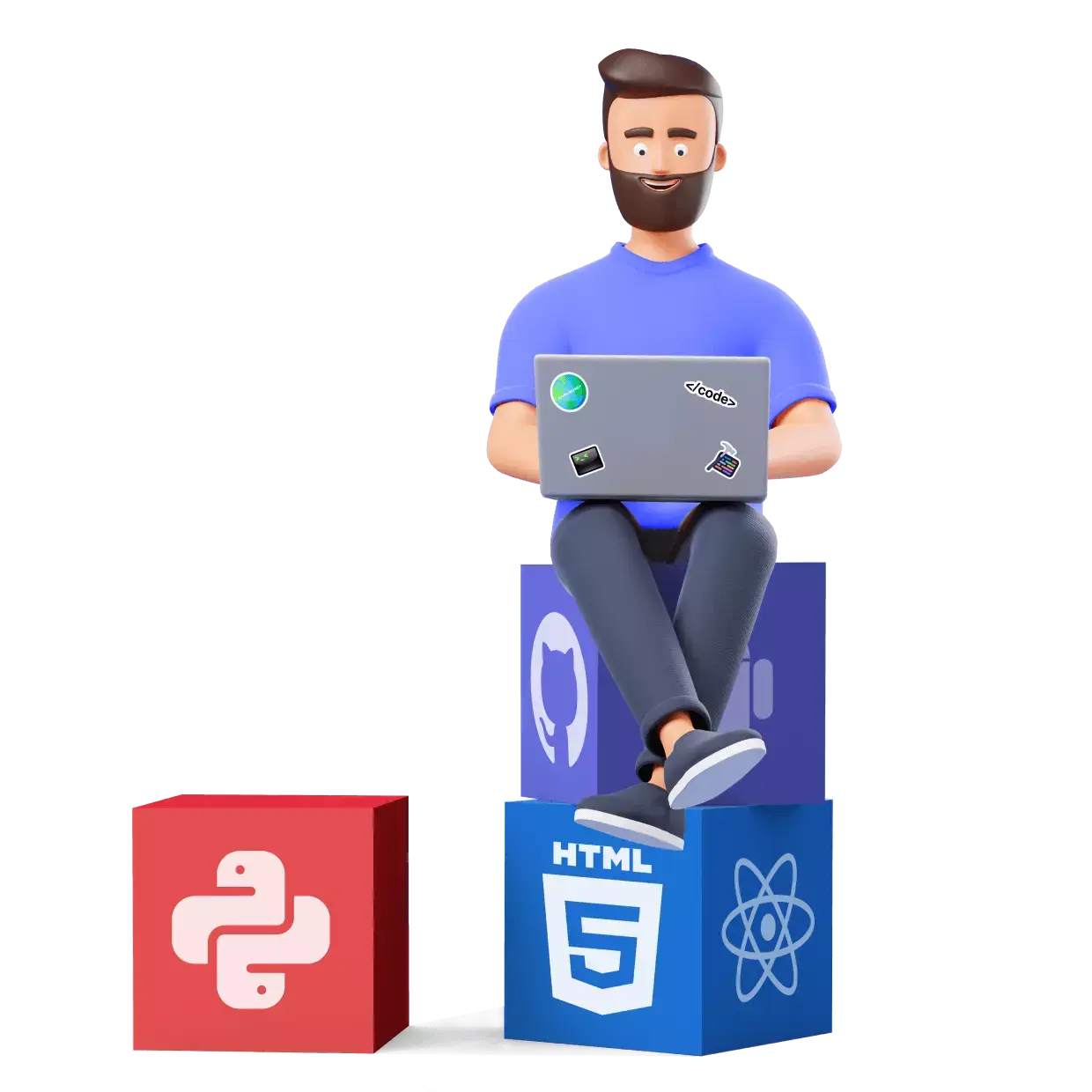 Man sitting on programming language boxes with a computer and studying