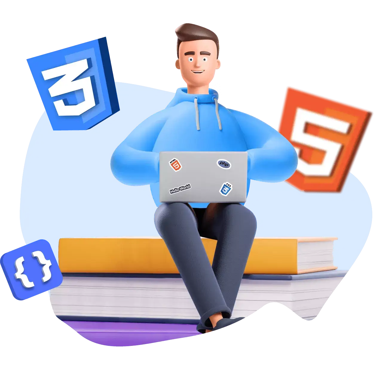 Cartoon man sitting on books with a computer and studying
