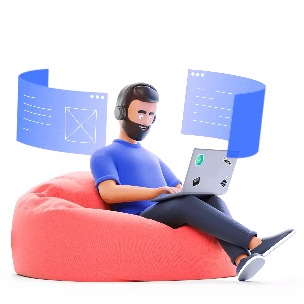 Man sitting on a pouf and coding