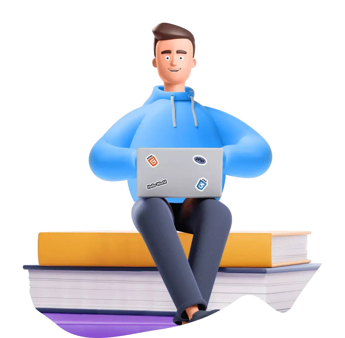 Cartoon man sitting on books with a computer and studying