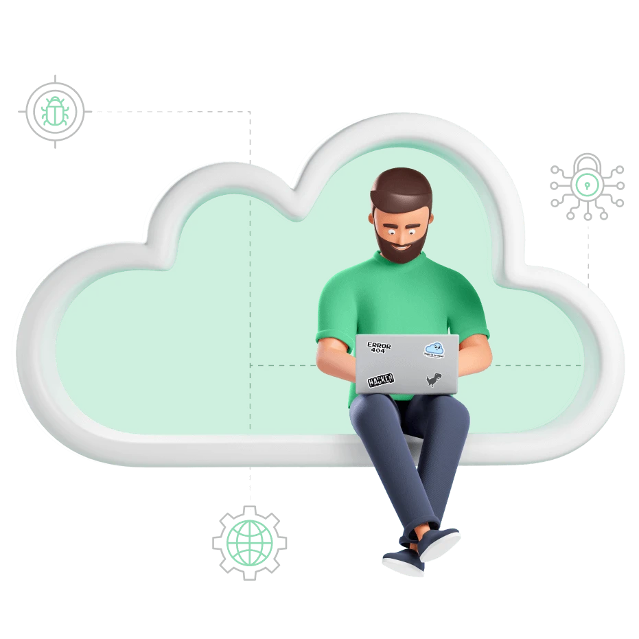 Man sitting on a cloud and coding on a computer