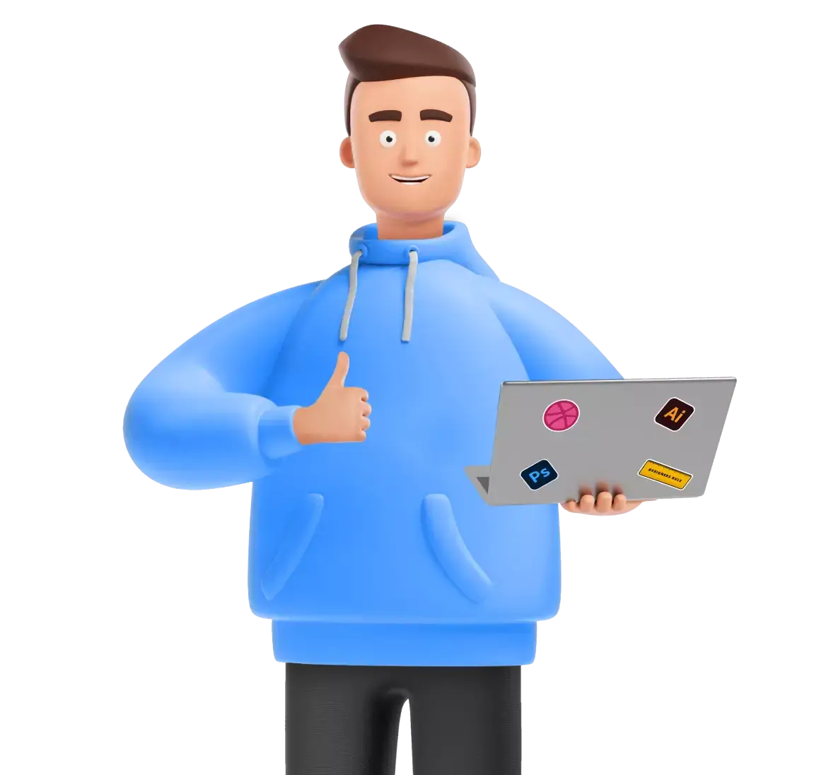 Man smiling, holding a laptop and giving a thumbs-up gesture